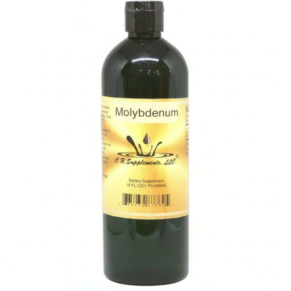 Molybdenum Ionic Liquid Mineral supplement bottle for detoxification and pH balance, 16 oz by CR Supplements.