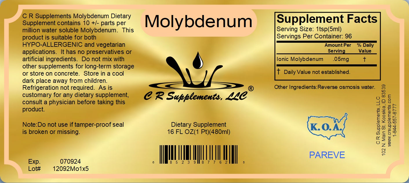 Molybdenum supplement label showing ionic liquid mineral details for detoxification and pH balance.