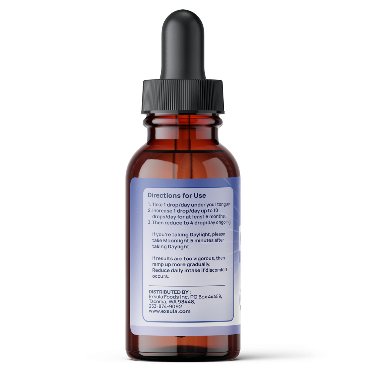 Brown glass dropper bottle with a label on a white background