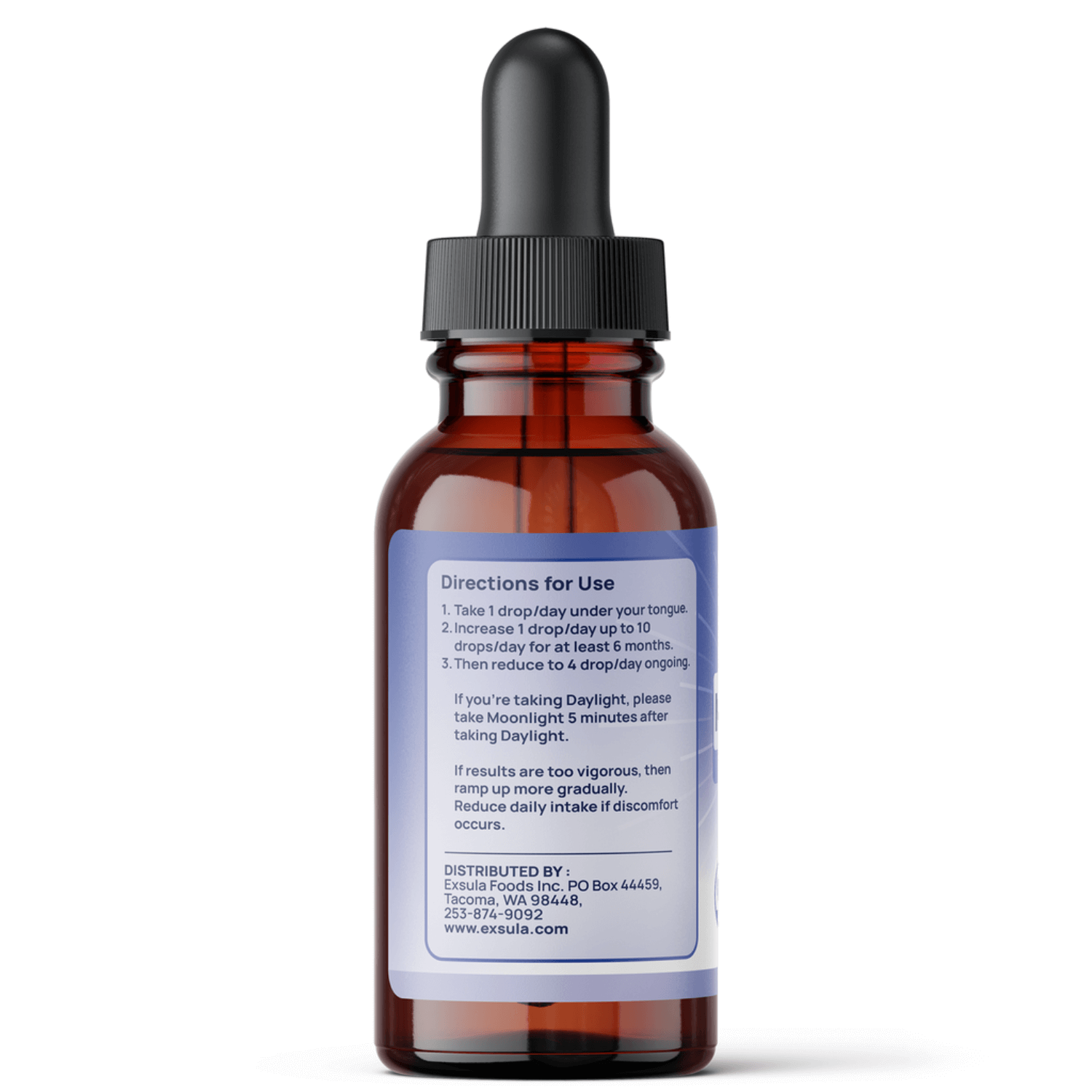 Moonlight Humic Fulvic Zeolite Detox directions for use on bottle, showcasing dosage instructions and usage recommendations.
