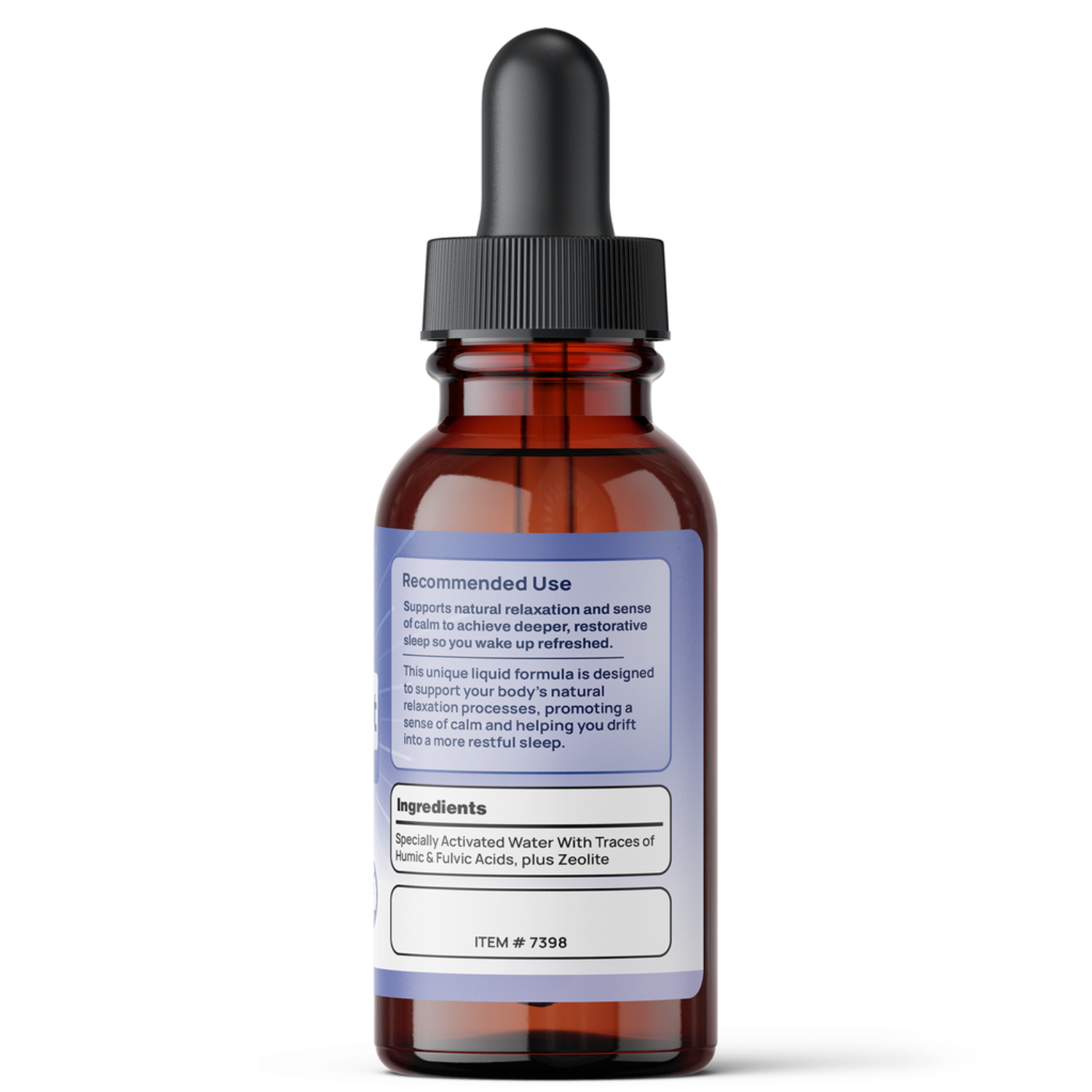 Brown glass dropper bottle with a label on a white background