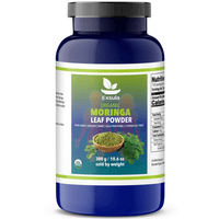 Exsula Organic Moringa Leaf Powder - Caffeine Free Natural Energy Booster in blue container, 300g.