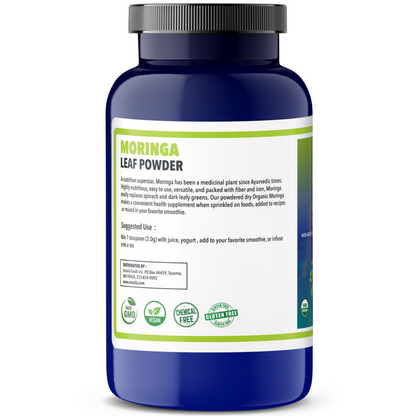 Bottle of Moringa Leaf Powder with label on a white background