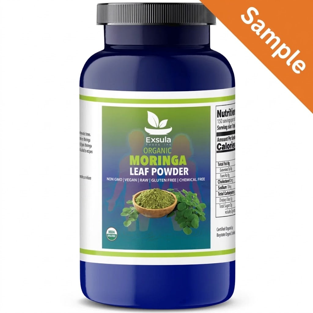 Exsula Organic Moringa Leaf Powder - Caffeine Free Natural Energy Booster in blue container,