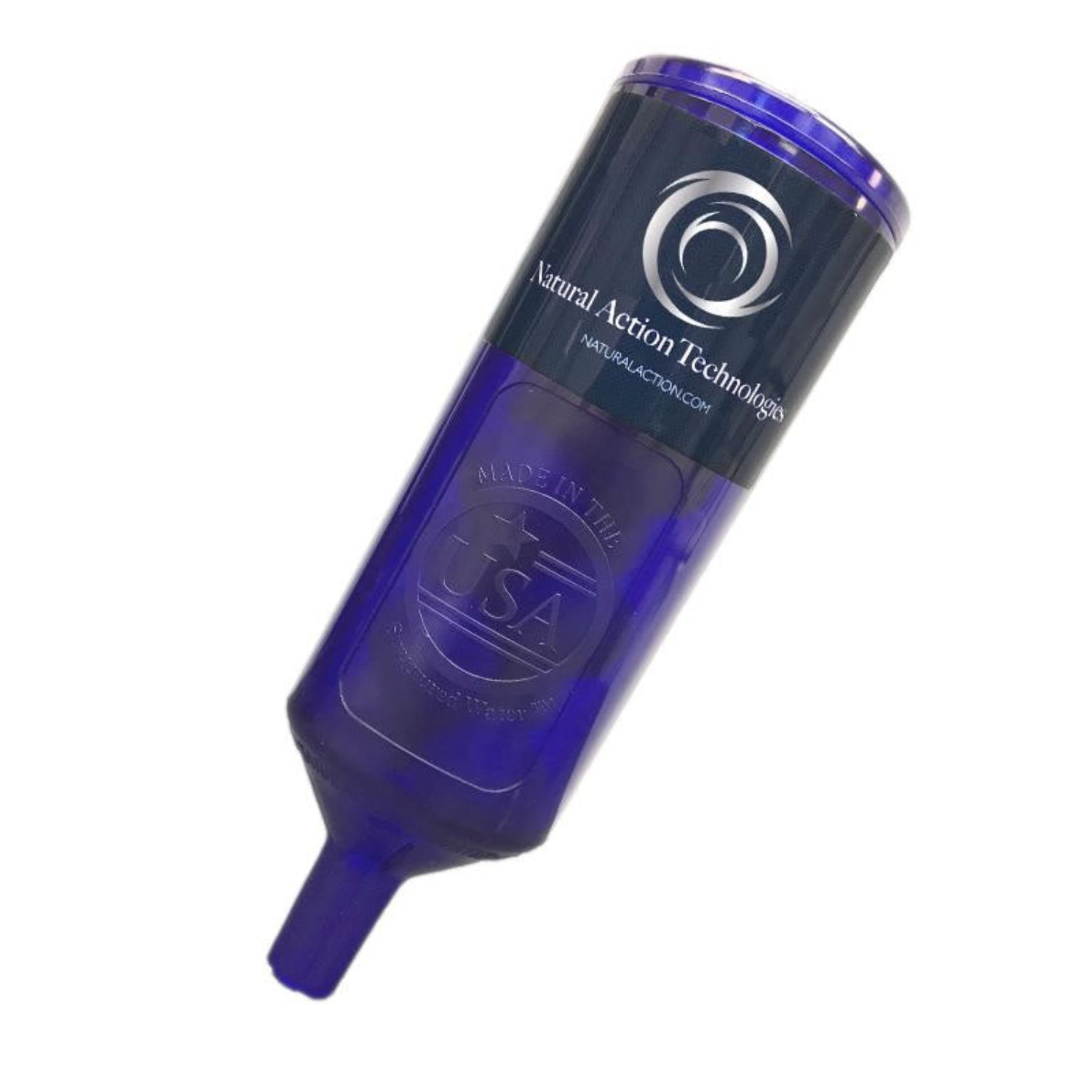 Blue cylindrical product with 'Natural Action Technologies' branding on a white background