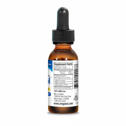 Dropper Bottle of showing Supplement Facts on a white background