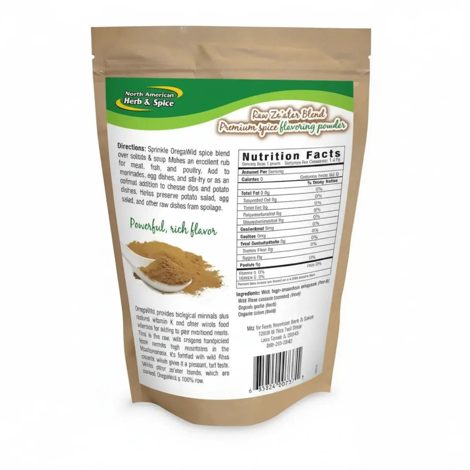 Wild Mediterranean Oregano Powder in a resealable pouch with nutrition facts and usage directions on the back.