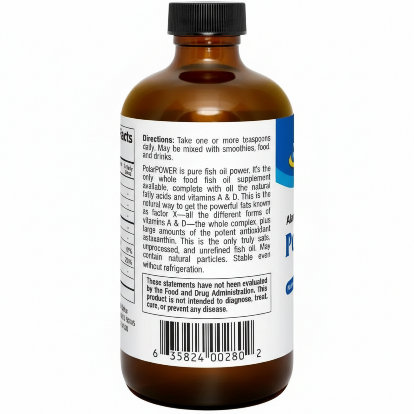 Bottle of Polar Power fish oil supplement with label on a white background