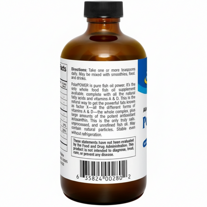 Bottle of Polar Power fish oil supplement with label on a white background