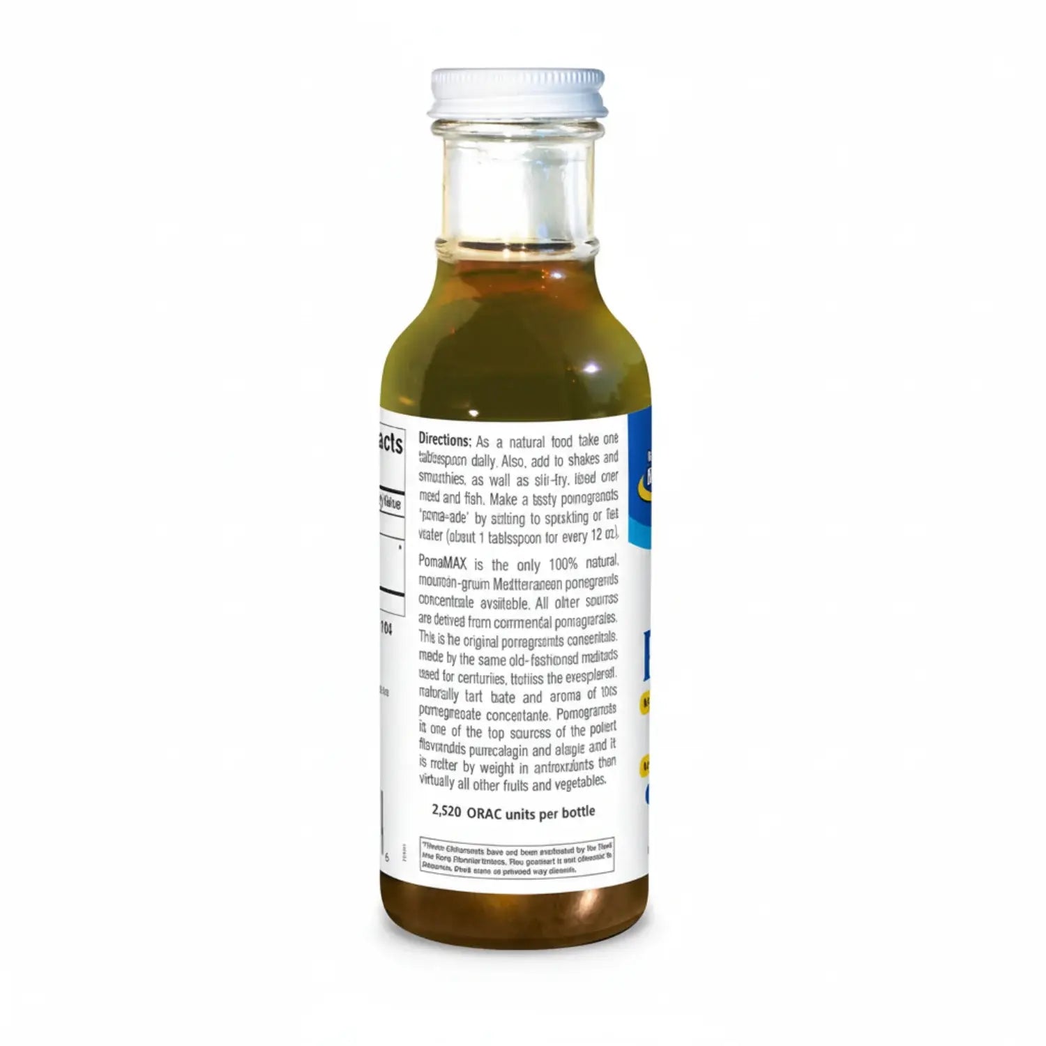 Back view of a glass bottle of Wild Mediterranean Pomegranate Concentrate by North American Herb & Spice.
