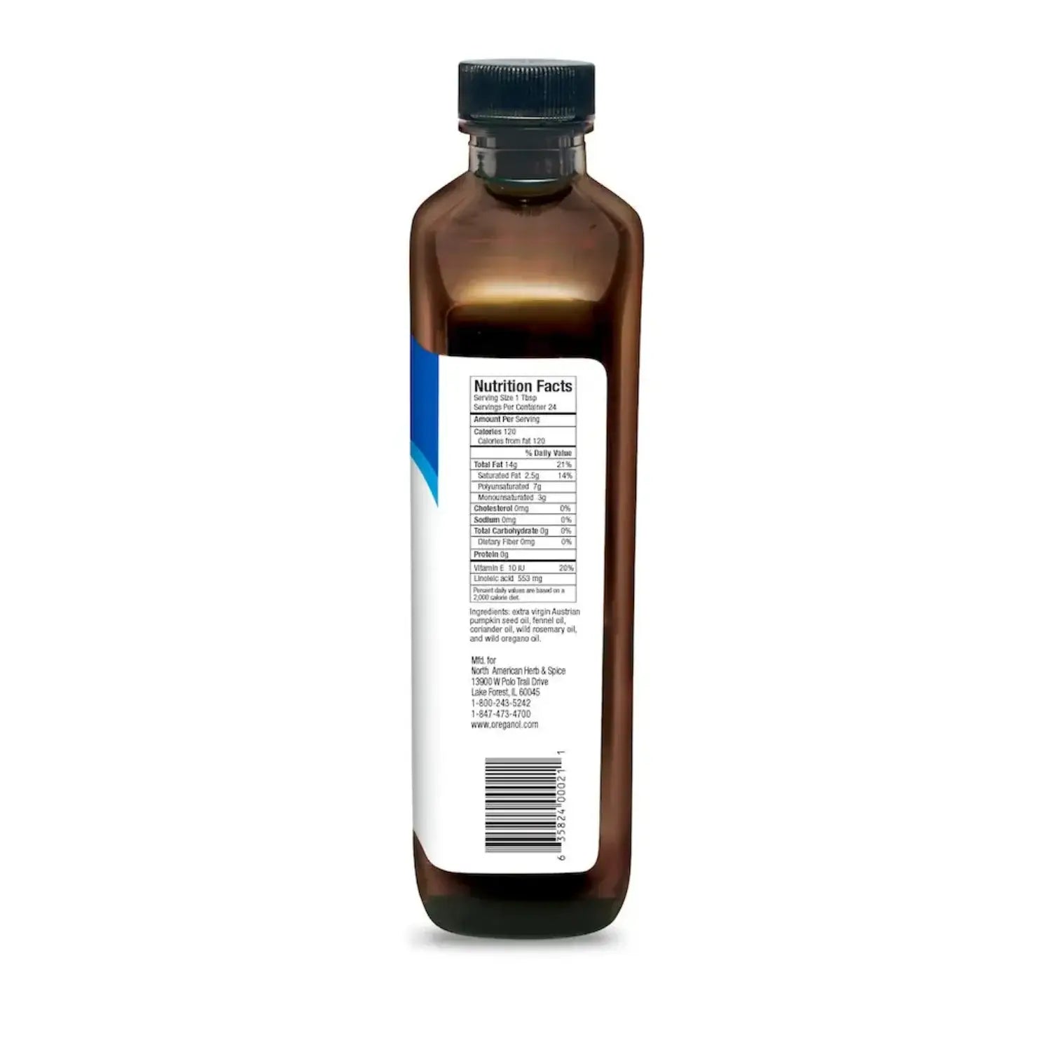 Back view of a bottle of Styrian Pumpkin Seed Oil Liquid displaying nutrition facts.
