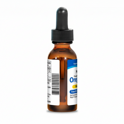 Bottle of a supplement with a dropper on a white background