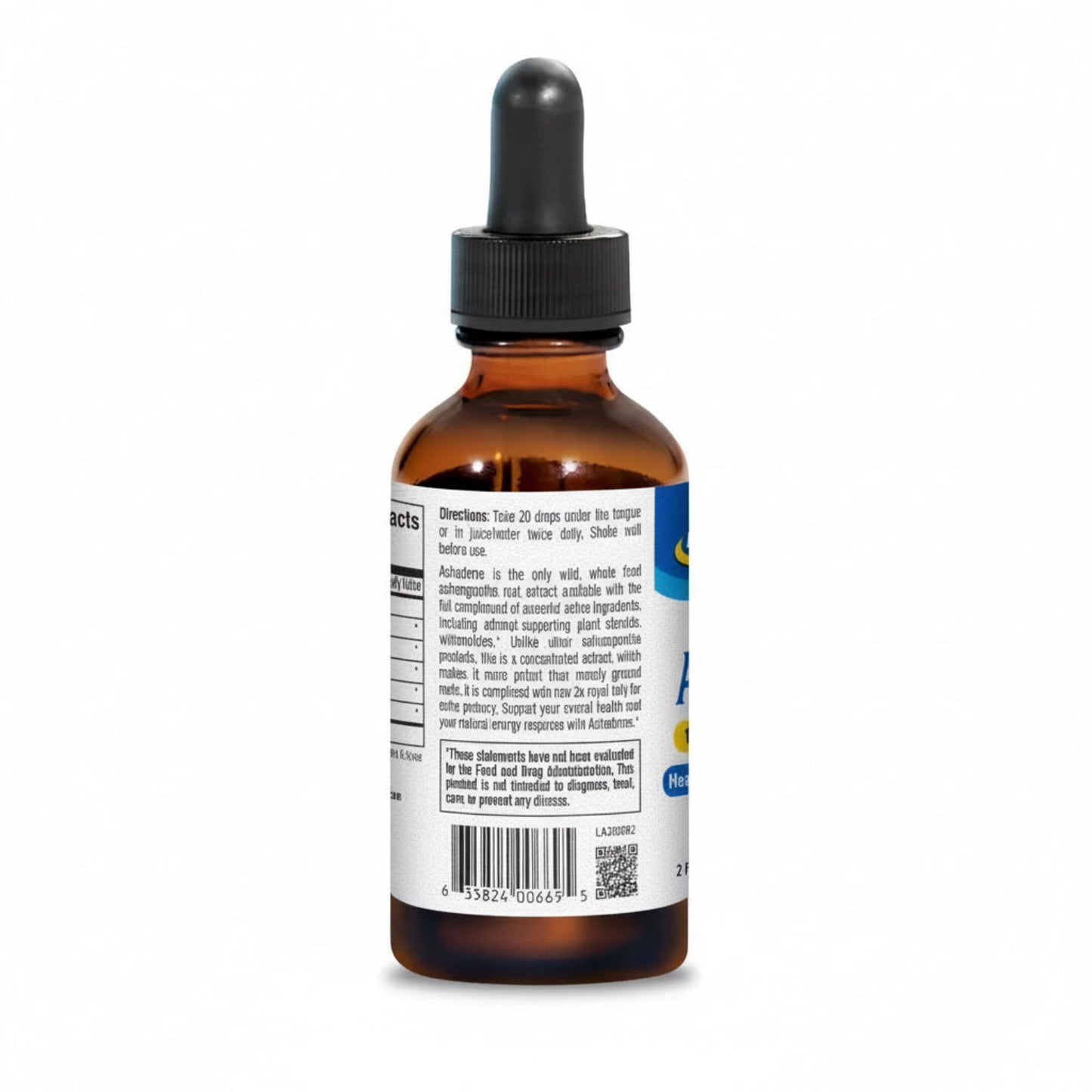 side view of dark brown dropper bottle with black rubber dropper lid, blue and white label, Directions, bar code and QR code