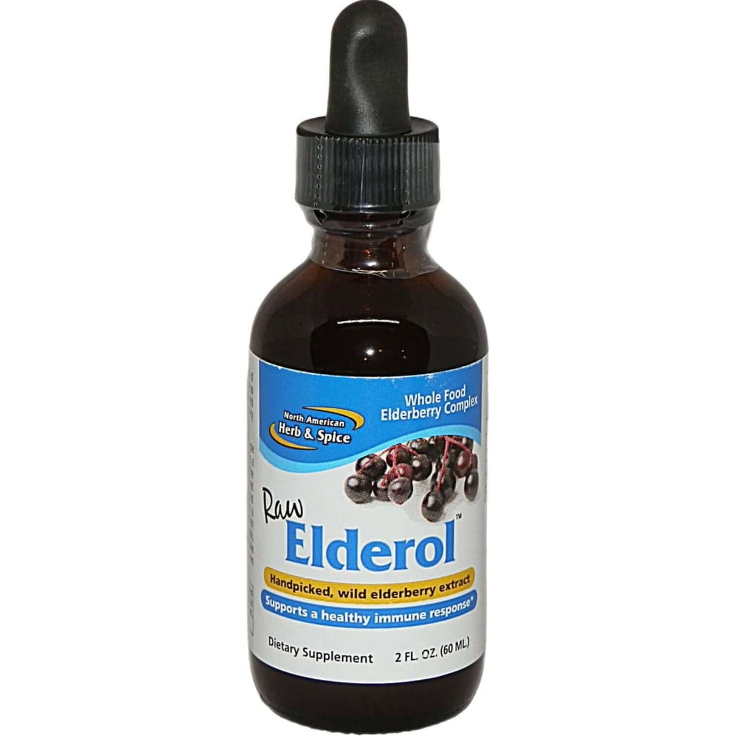 Elderol Raw Wild Elderberry Extract bottle, supporting a healthy immune response, dietary supplement, 2 fl oz.