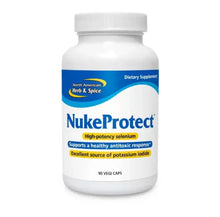 NukeProtect Environmental Toxin Defense Supplement bottle with 90 vegi caps for internal balance and detox support.