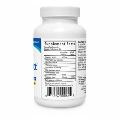 NukeProtect Environmental Toxin Defense Supplement bottle with supplement facts label and dosage information.