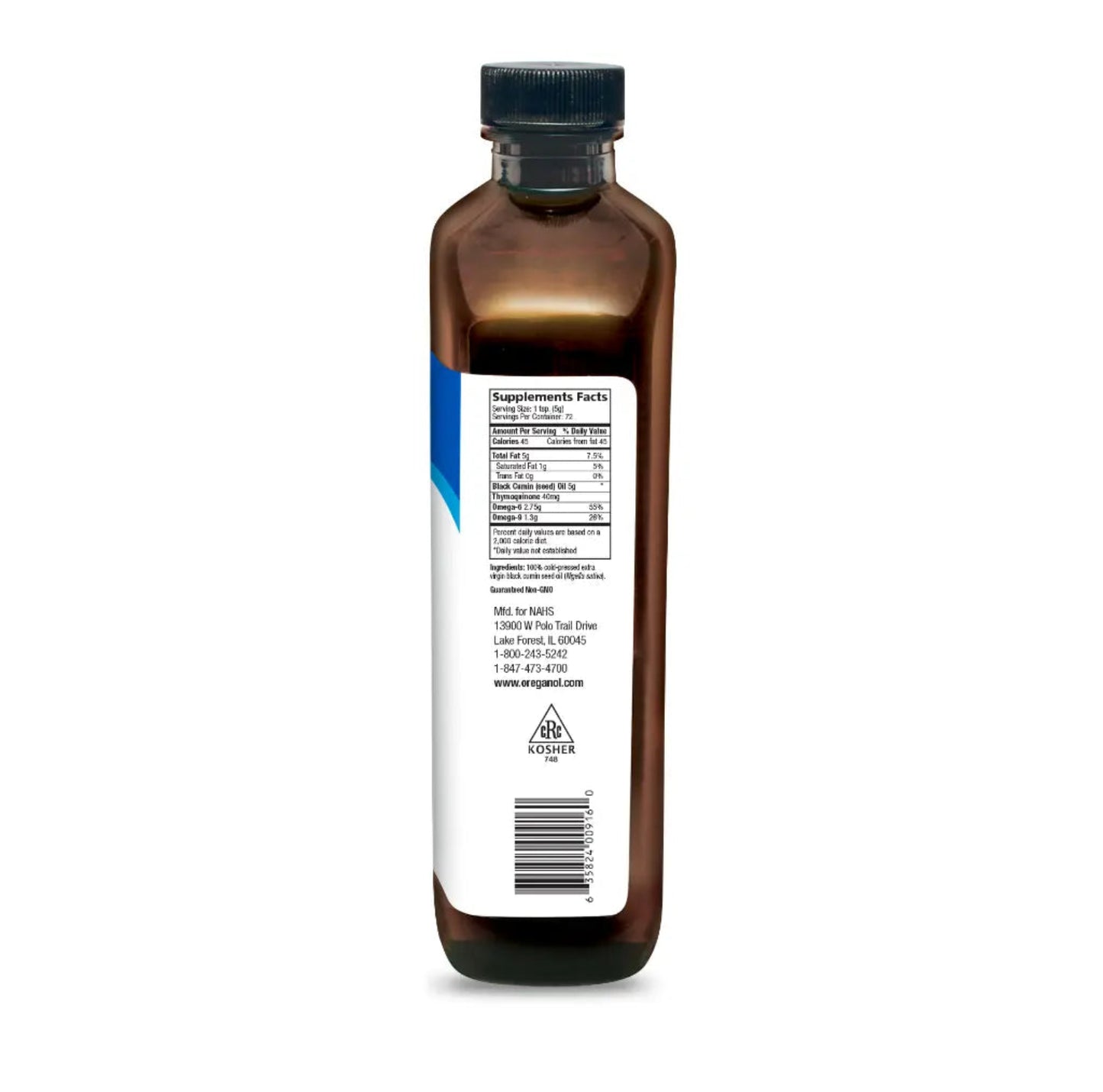 Brown glass bottle with a label for Supplement Facts on a white background