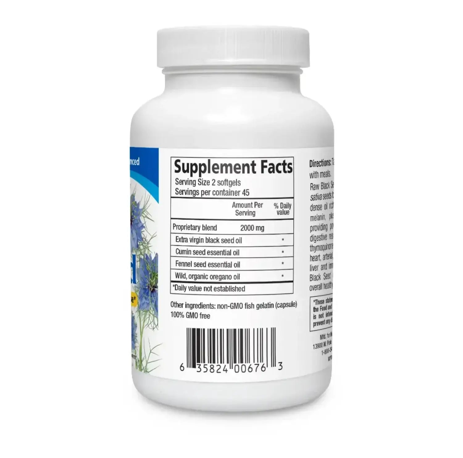 Supplement facts label of Cold Pressed Mediterranean Black Seed Oil softgels by North American Herb & Spice.