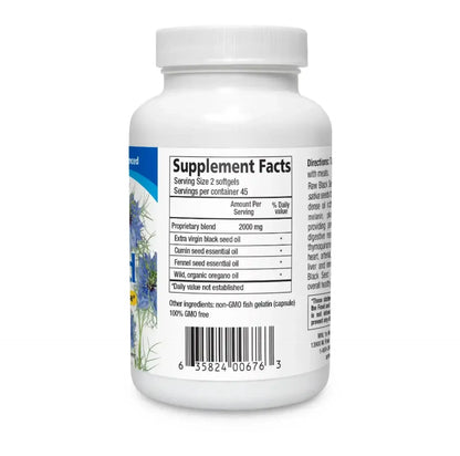 Supplement facts label of Cold Pressed Mediterranean Black Seed Oil softgels by North American Herb & Spice.