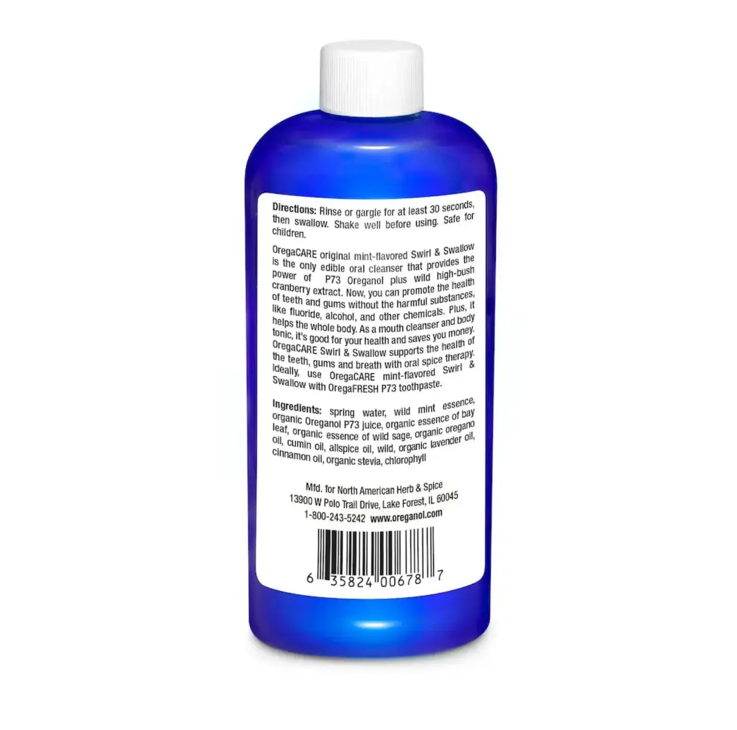 OregaCARE Edible Oral Rinse with P73 Oregano bottle designed for oral hygiene and wellness support.