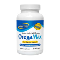OregaMax Wild Whole Herb Oregano Capsules bottle, a dietary supplement for immune support and digestive health.