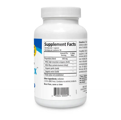 OregaMax wild whole herb oregano capsules supplement facts label showing ingredients and serving size.