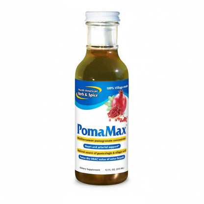 PomaMax Wild Mediterranean Pomegranate Concentrate in a glass bottle for cardiovascular support and overall vitality.