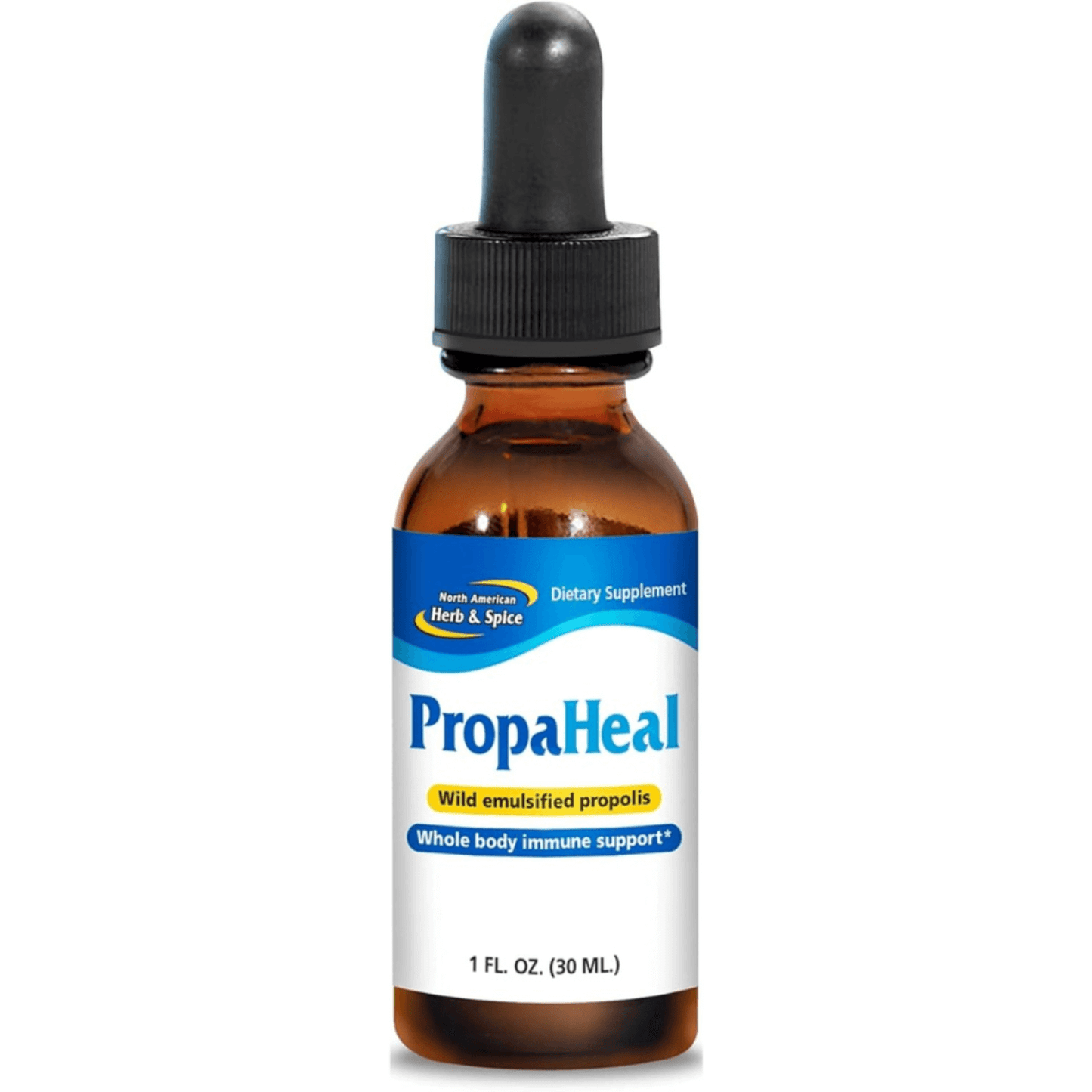 PropaHeal Emulsified Wild Bee Propolis dietary supplement for whole body immune support, in a 1 FL. Oz. bottle.
