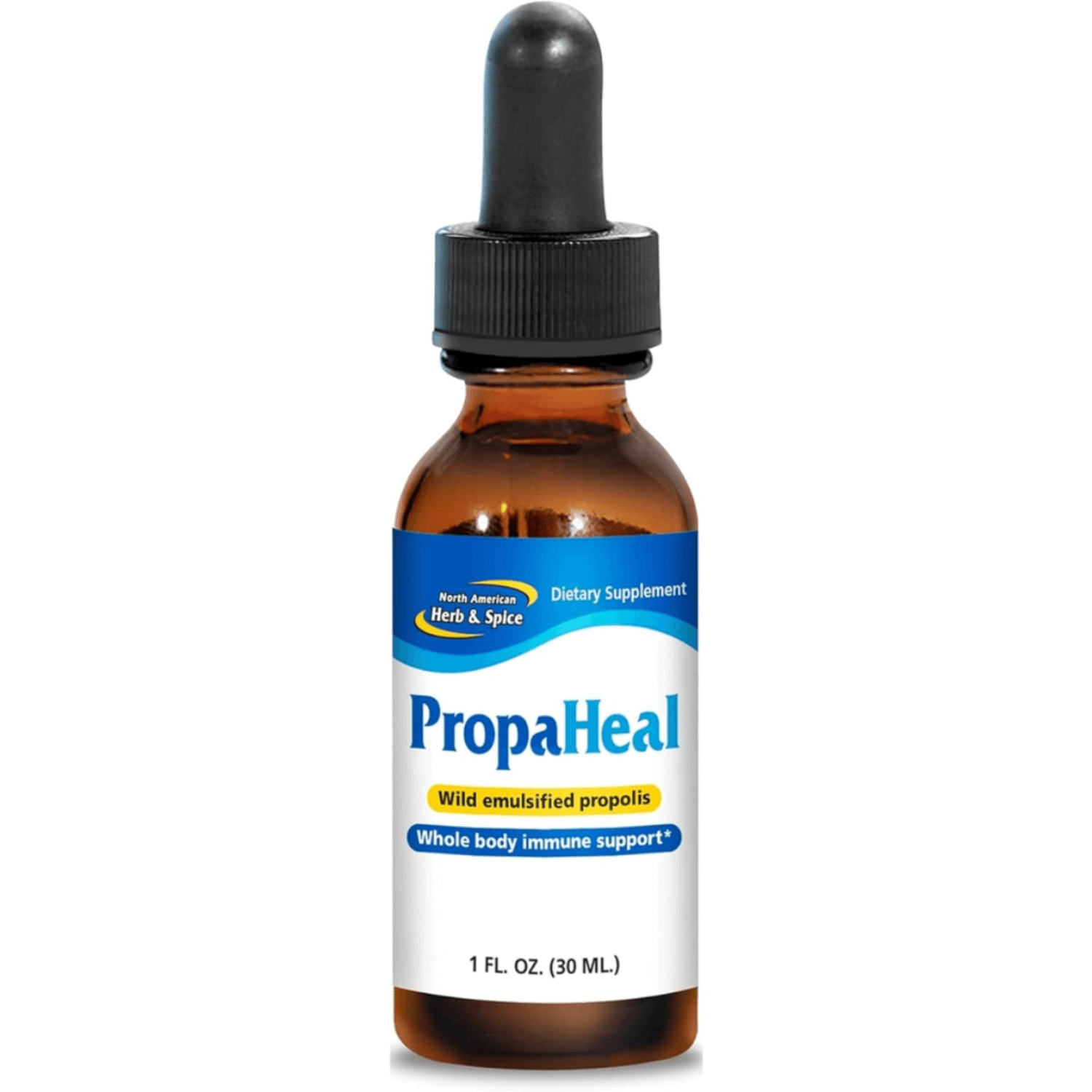 PropaHeal Emulsified Wild Bee Propolis dietary supplement for whole body immune support, in a 1 FL. Oz. bottle.