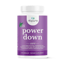 Supplement container labeled 'power down' by nbpure on a white background