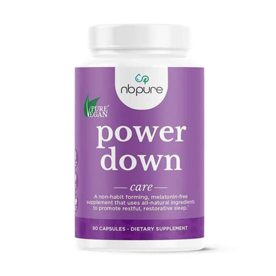 Supplement container labeled 'power down' by nbpure on a white background