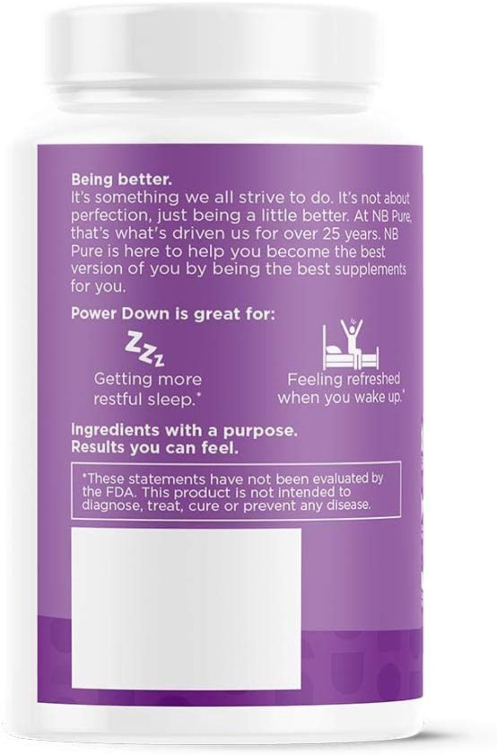 Power Down supplement container with white label on a white background