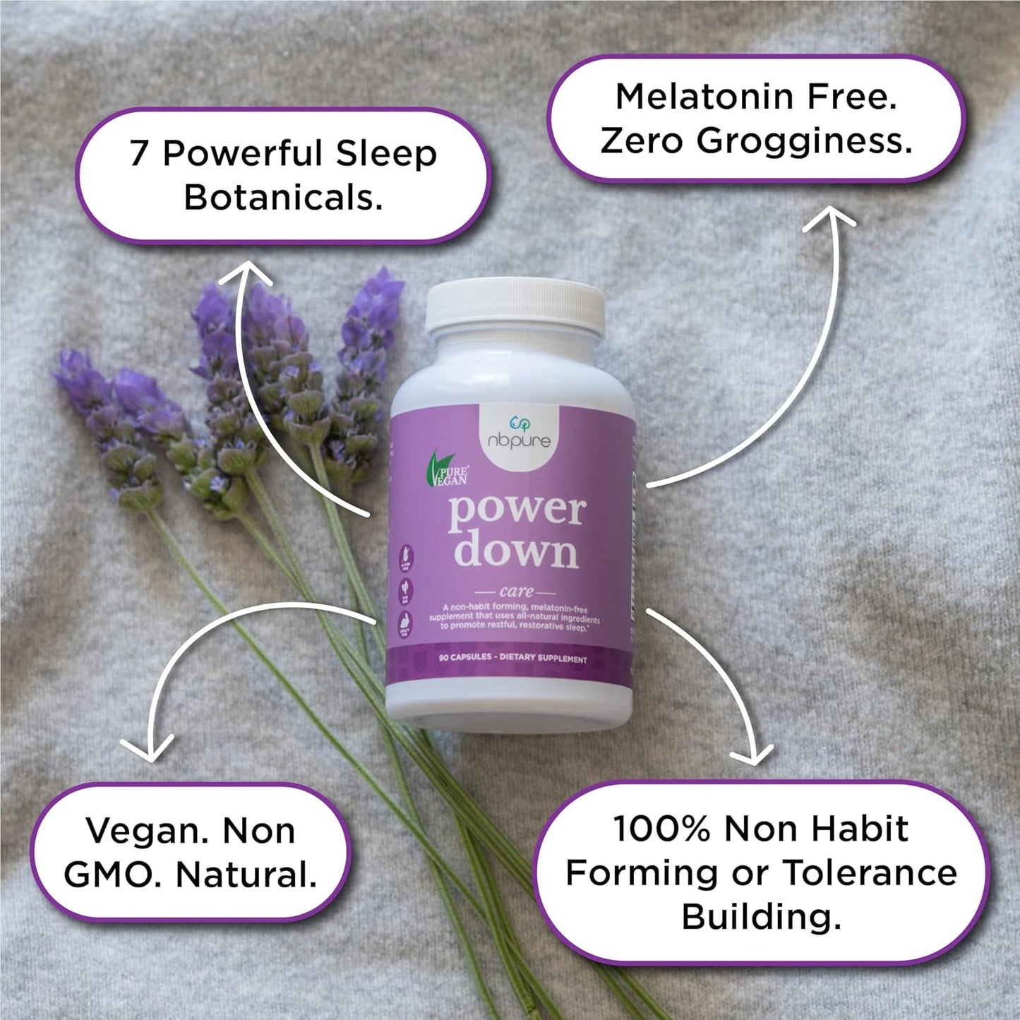 Power Down Supplement bottle labeled 'power down' with lavender flowers on a textured surface