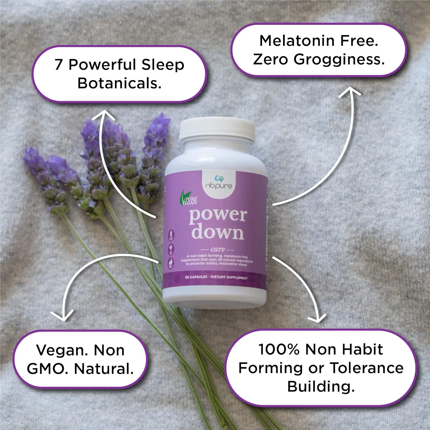 Power Down Supplement bottle labeled 'power down' with lavender flowers on a textured surface