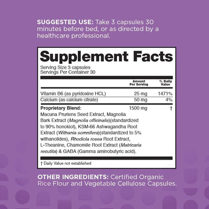 Power Down Supplement label with ingredient list and usage instructions on a purple background