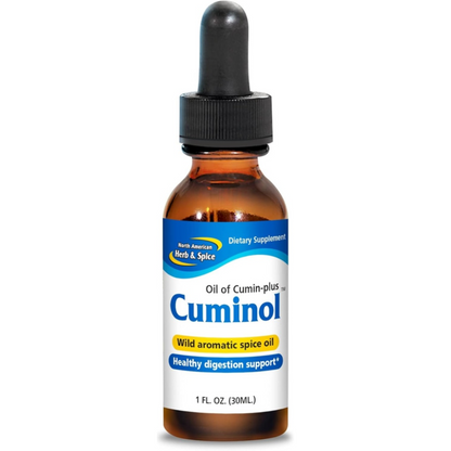 Bottle of Cuminol oil with a dropper on a white background
