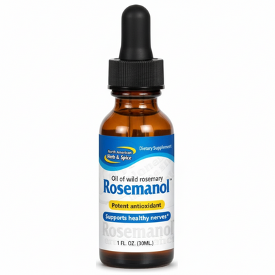 Bottle of Rosemanol Oil of wild rosemary dietary supplement on a white background