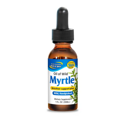 Bottle of Oil of Wild Myrtle supplement with dropper on a white background