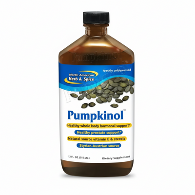 Bottle of Pumpkinol supplement with label on a white background