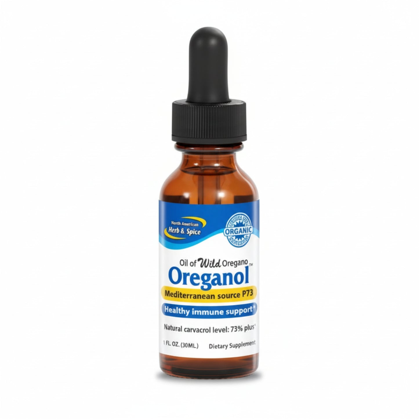 Bottle of Oreganol Super Strength Oil of Wild Oreganol 1oz with a dropper on a white background