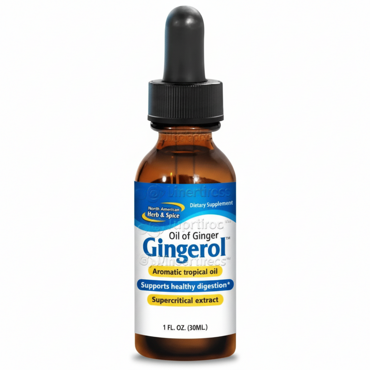 Bottle of Gingerol Oil of Ginger dietary supplement with dropper on a green background