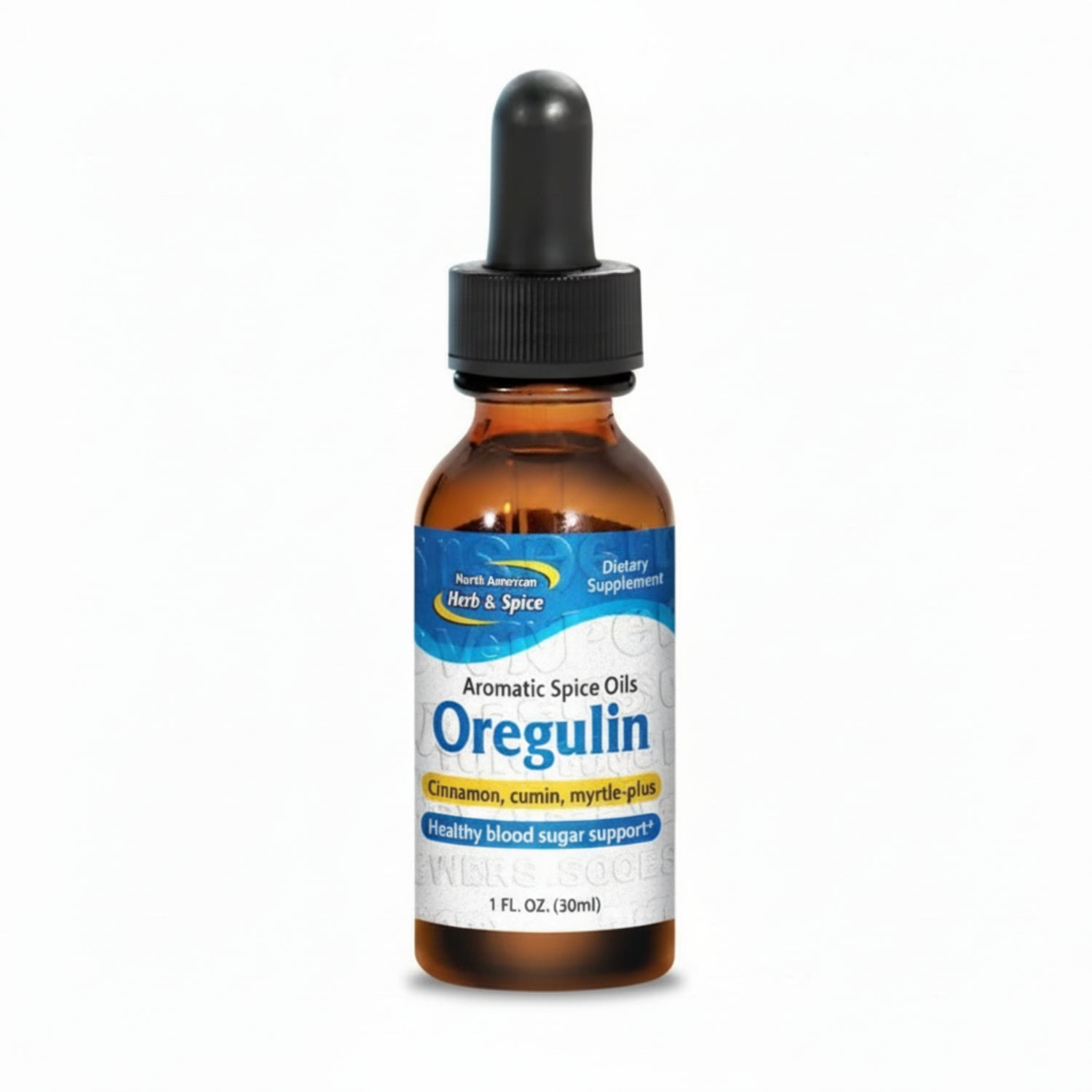Bottle of Oregulin dietary supplement with a dropper on a white background