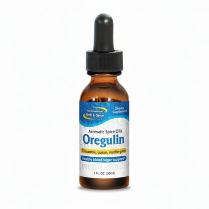 Bottle of Oregulin dietary supplement with a dropper on a white background