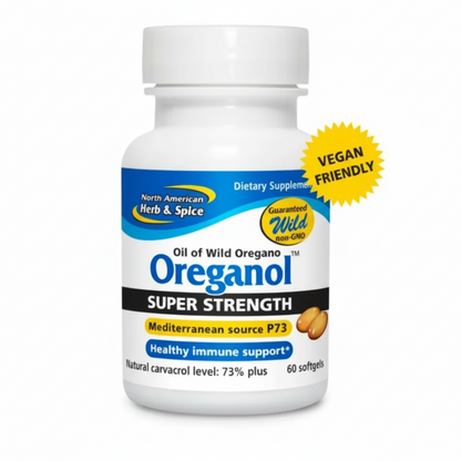 Bottle of Oreganol Super Strength dietary supplement with 'Vegan Friendly' label on a white background