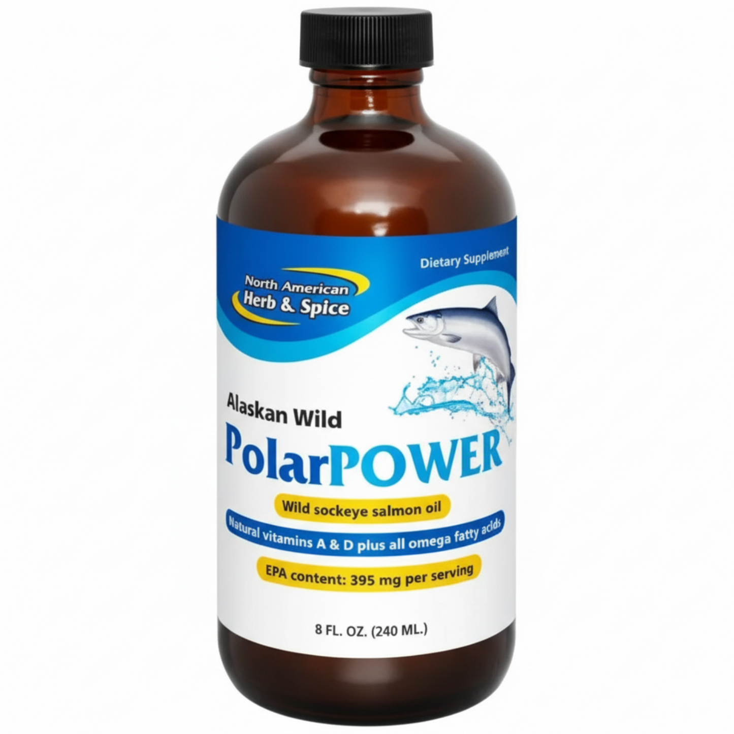 Bottle of Alaskan Wild PolarPower dietary supplement with blue label and brown glass.