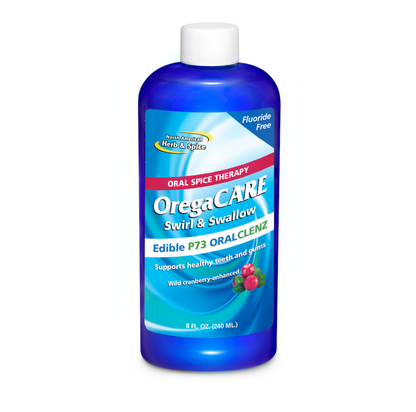 Blue bottle of OregaCare Swirl & Swallow 8oz Oral Clenz Wild Cranberry on a white backgroundf