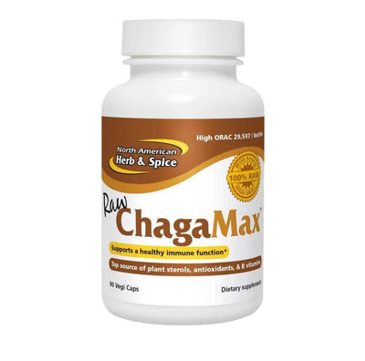 white supplement bottle labeled 'Raw ChagaMax' by North American Herb & Spice on a white background
