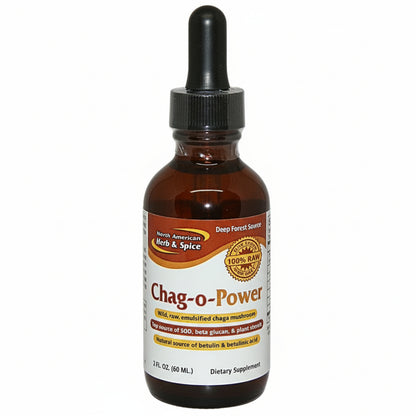 brown dropper bottle of Chag-o-Power dietary supplement on a white background