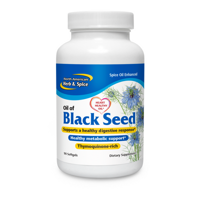 Supplement bottle labeled 'Oil of Black Seed' by North American Herb & Spice on a white background