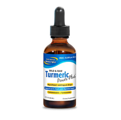 Bottle of Turmeric Plus supplement with a dropper on a white background